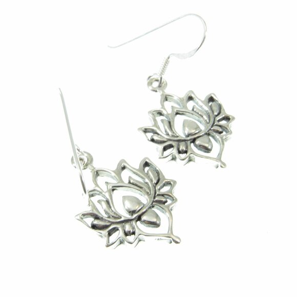 Solid 925 Sterling Silver Lotus Flower Egyptian Bean Drop Dangle Hook Earrings - Picture 6 of 9